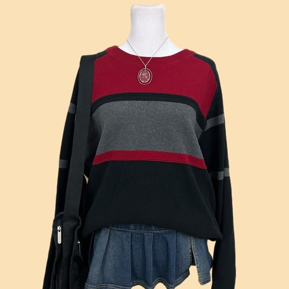 red gray and black striped y2k crewneck sweater - Picture 1 of 8